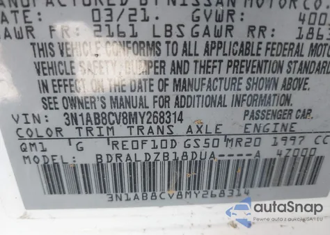 2021 Nissan Sentra Sv Xtronic Cvt z USA, uszkodzony, nr VIN 3N1AB8CV8MY268314